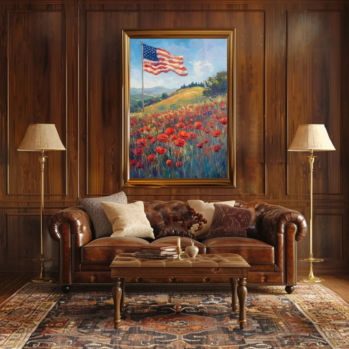 peaceful field of poppies with one large American flag Poster