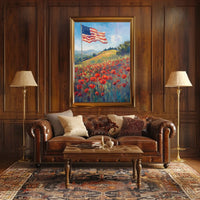 peaceful field of poppies with one large American flag Poster