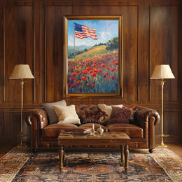 peaceful field of poppies with one large American flag Poster