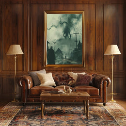 Dark Victorian Town with Tentacled Creature Fantasy Poster PosterGoat