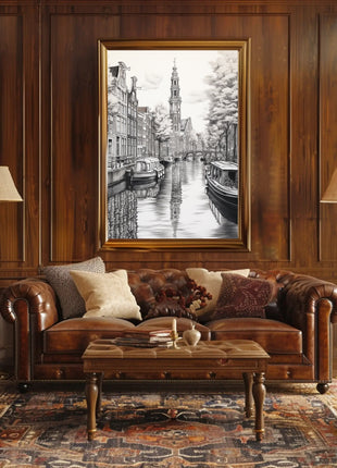 Amsterdam Canal Scene Vintage Illustration Travel Poster