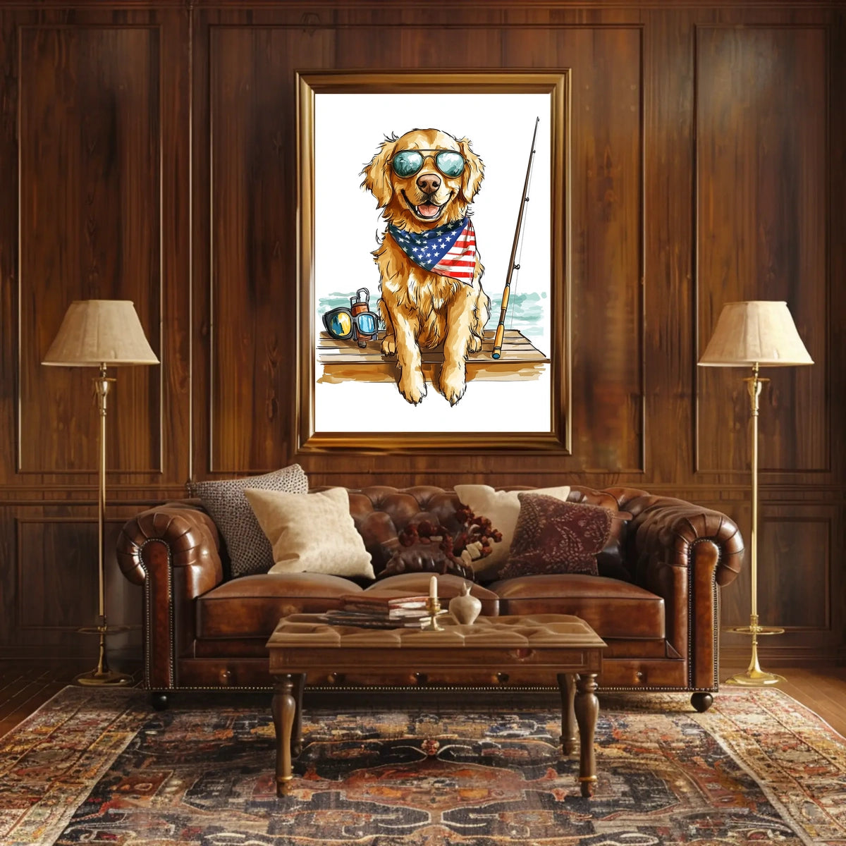 Golden Retriever Fishing Scene Artwork Home Decor Poster