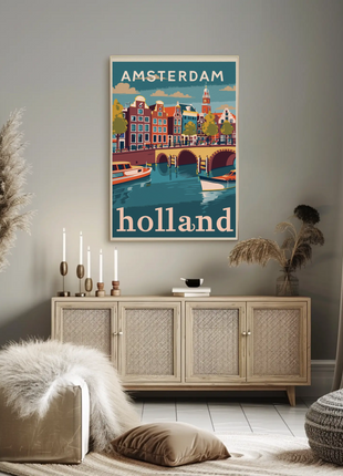 Amsterdam Holland Autumn Canal Houses Vintage Travel Poster