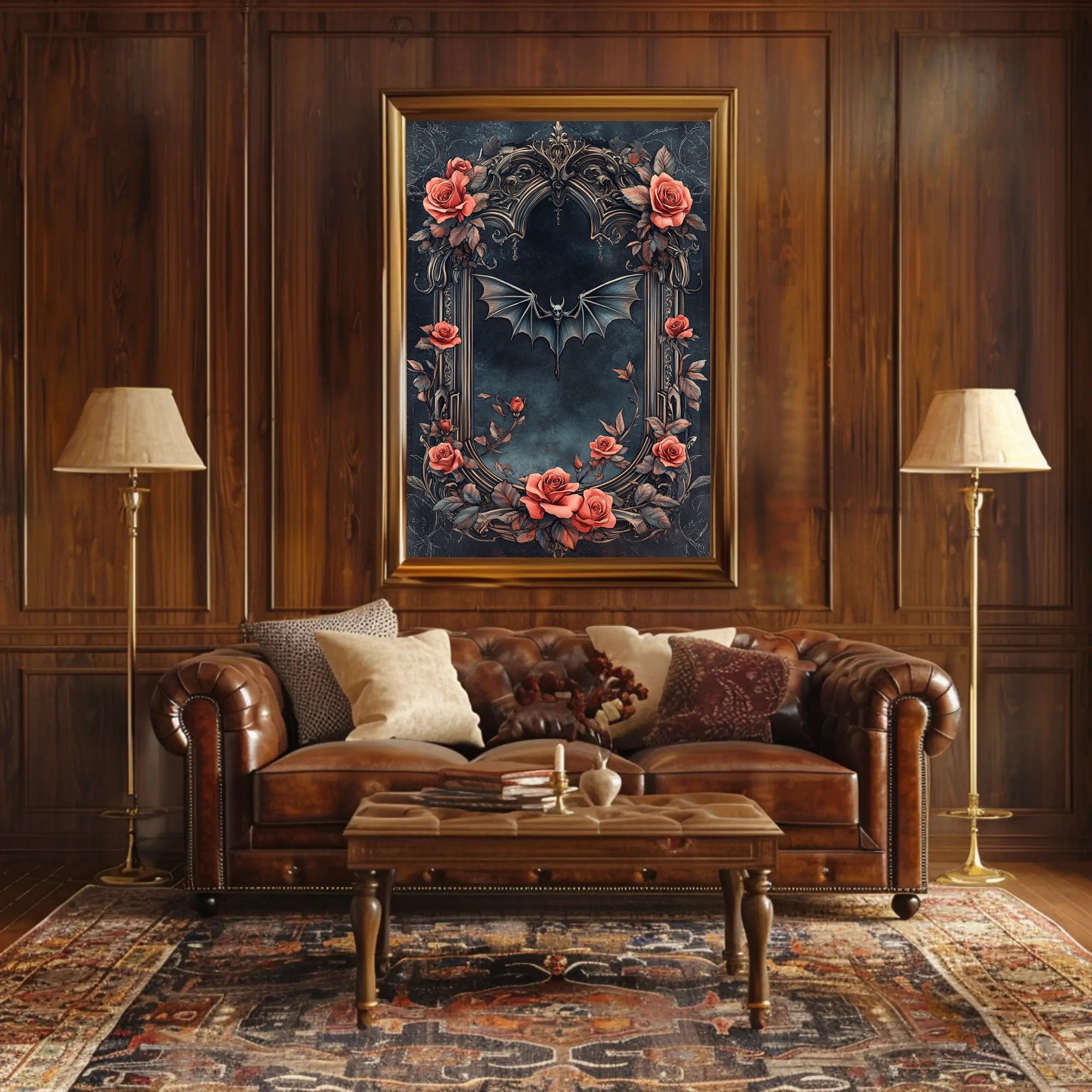 Gothic Elegance With Roses And Bat Poster