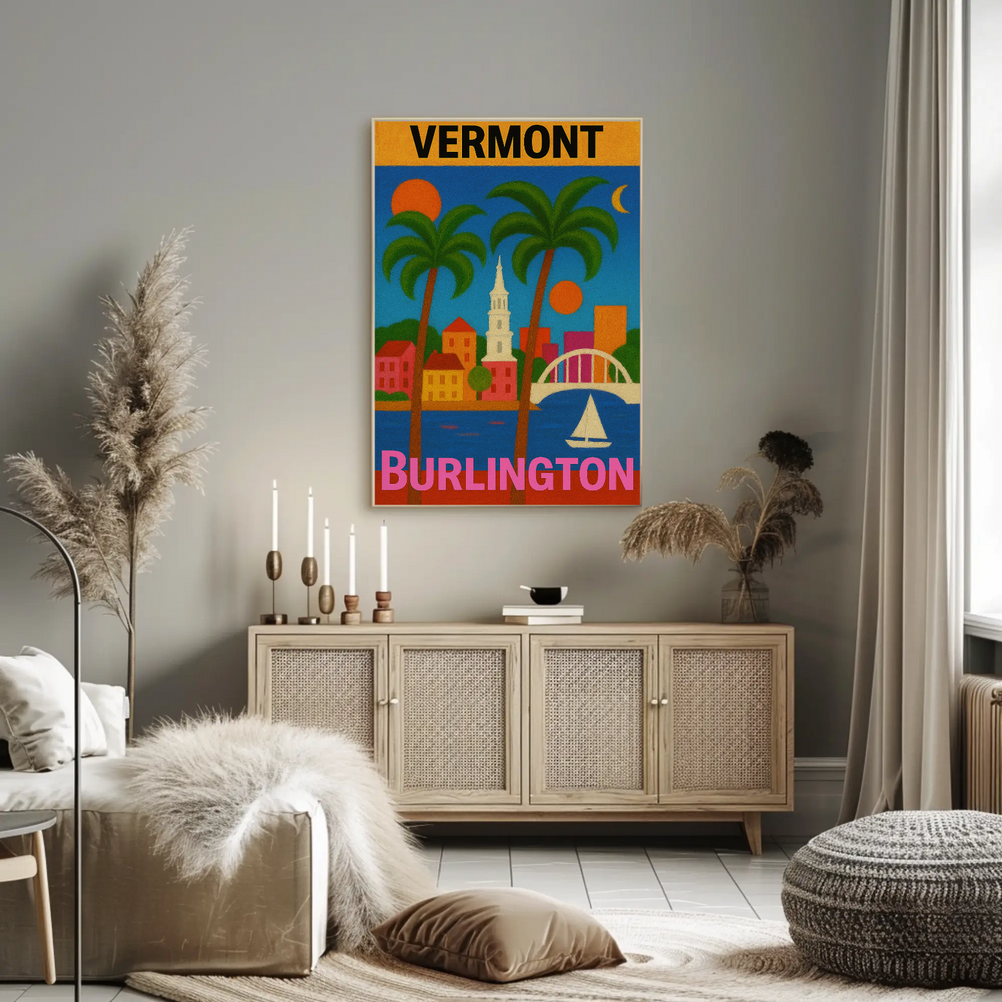 Vermont Burlington Palm Trees Church Sailboat Vintage Travel Poster