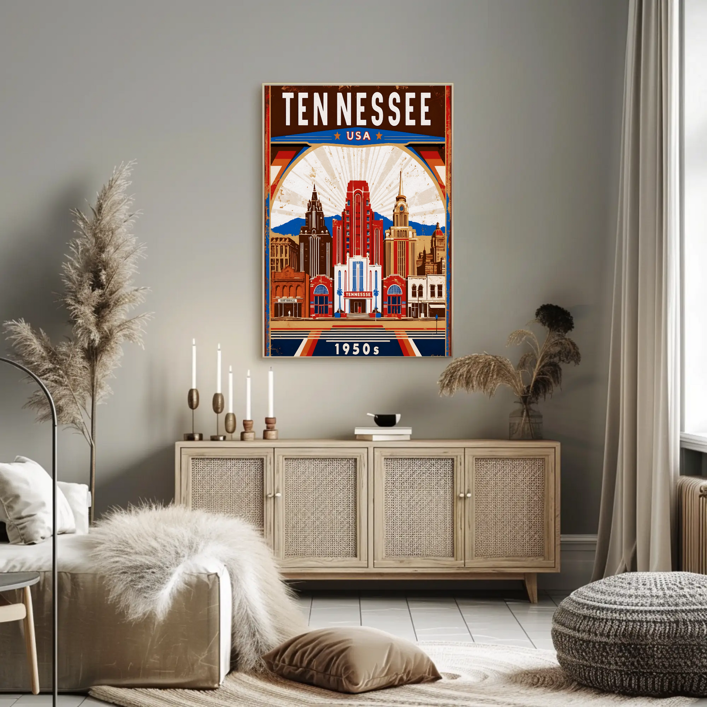Tennessee USA 1950s Music City Skyline Travel Poster