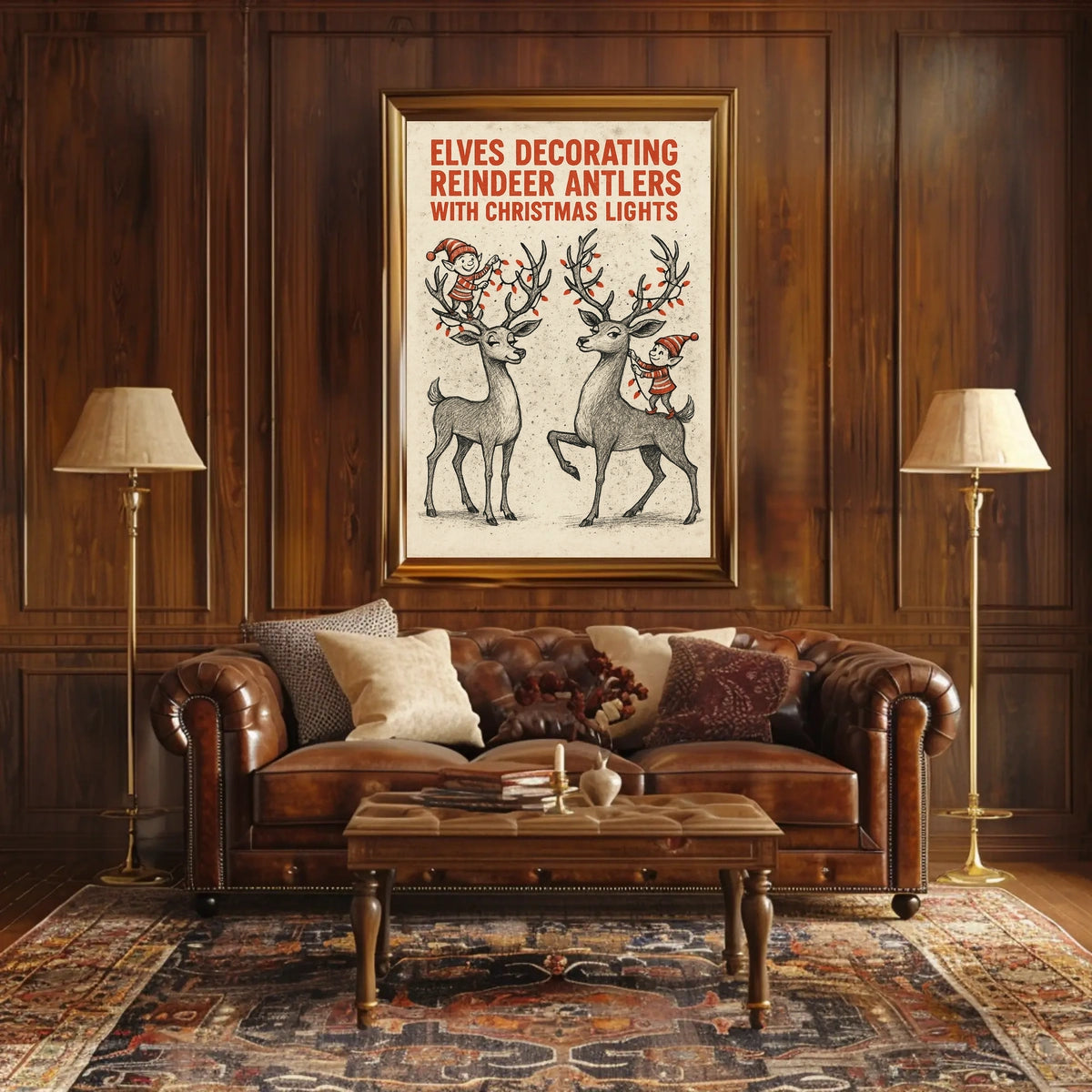 Elves Decorating Reindeer Antlers Poster