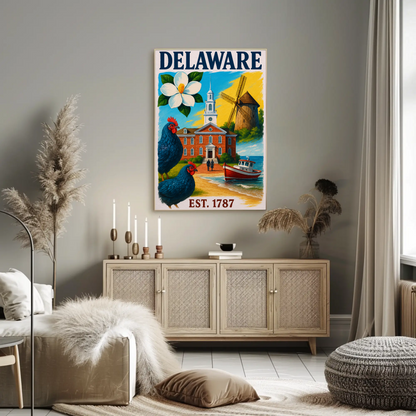 Delaware 1787 Poster With Windmill And Chickens Vintage Travel Poster
