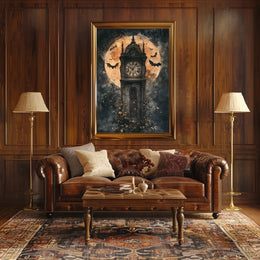 The poster features a tall, Gothic-style clock tower standing prominently at the center. Travel Poster