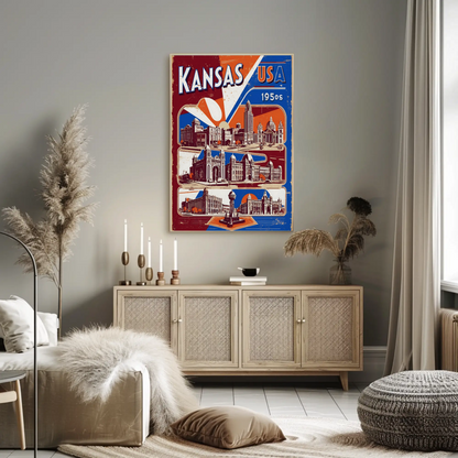 Kansas USA 1950s Grand Structures Vintage Maroon Travel Poster