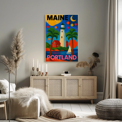 Maine Portland Lighthouse Sailboats Palms Vintage Travel Poster