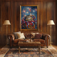 Brown Tabby Cat In Basket With Fireworks Flag Poster