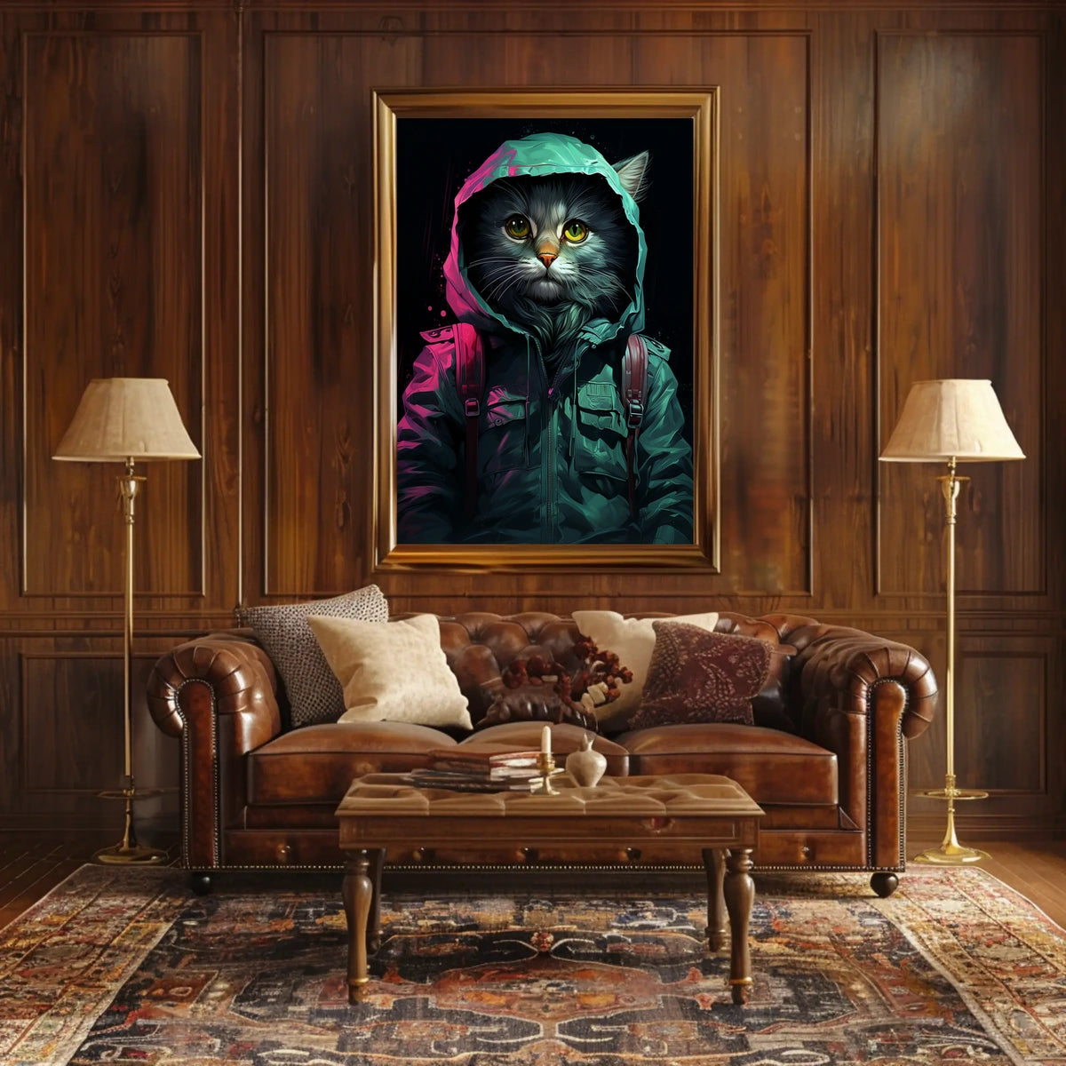 Anthropomorphic Cat in Rain Jacket Surreal Poster