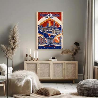 Pennsylvania USA 1950s Monument Skyline Vintage Travel Poster