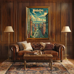 Manhattan Skyline Cityscape Poster Vintage Wall Art