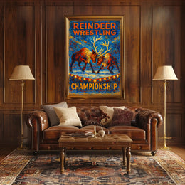 Reindeer Wrestling Championship Artistic Poster: Bold & Whimsical