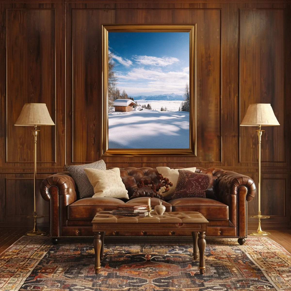 Serene Snowy Cabin Landscape National Park Poster