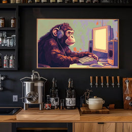 Chimpanzee with Headphones Retro Computer Poster