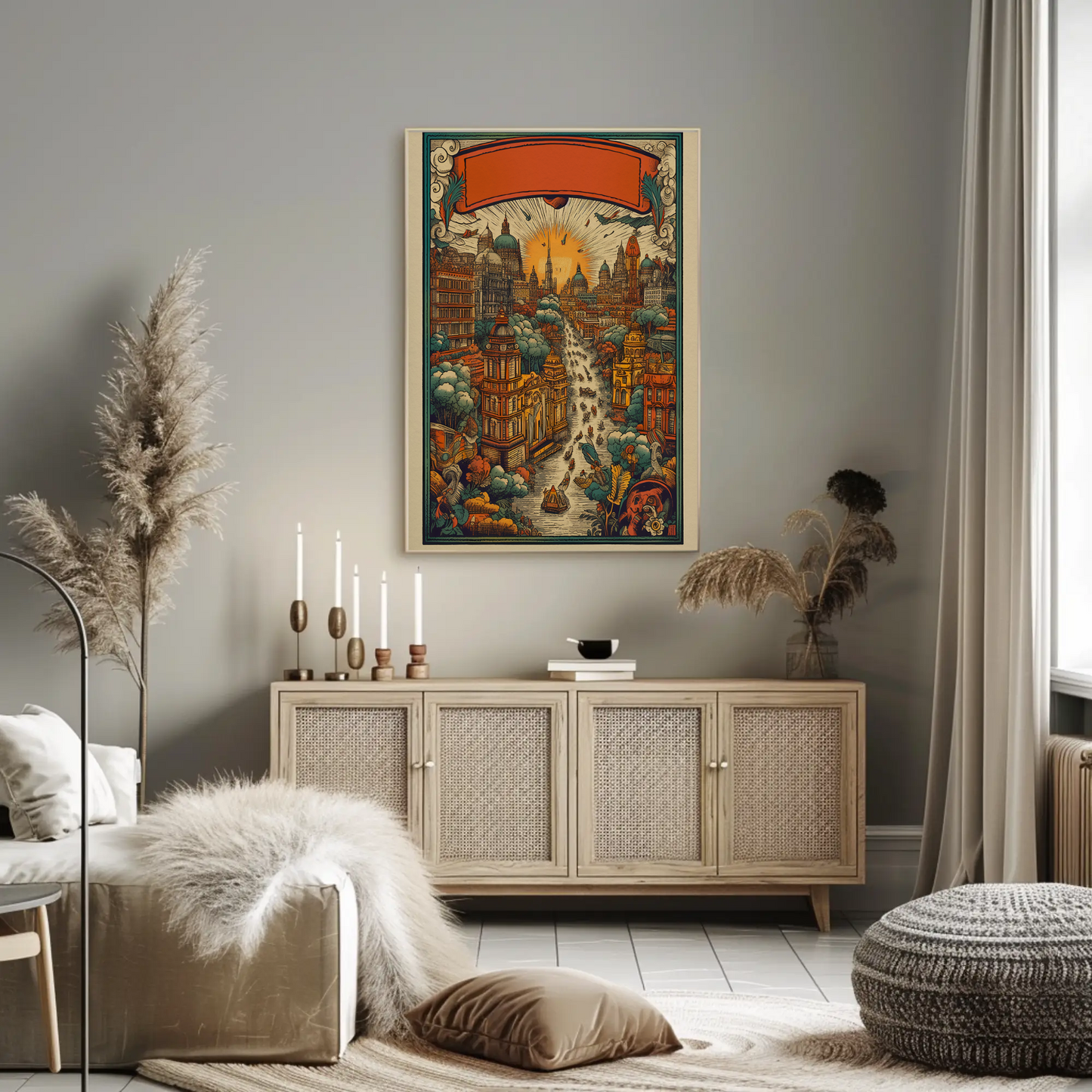 Fantasy River City Sunset Skyline Vintage Travel Poster