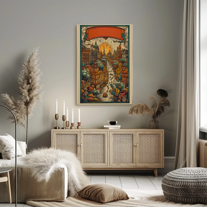Fantasy River City Sunset Skyline Vintage Travel Poster
