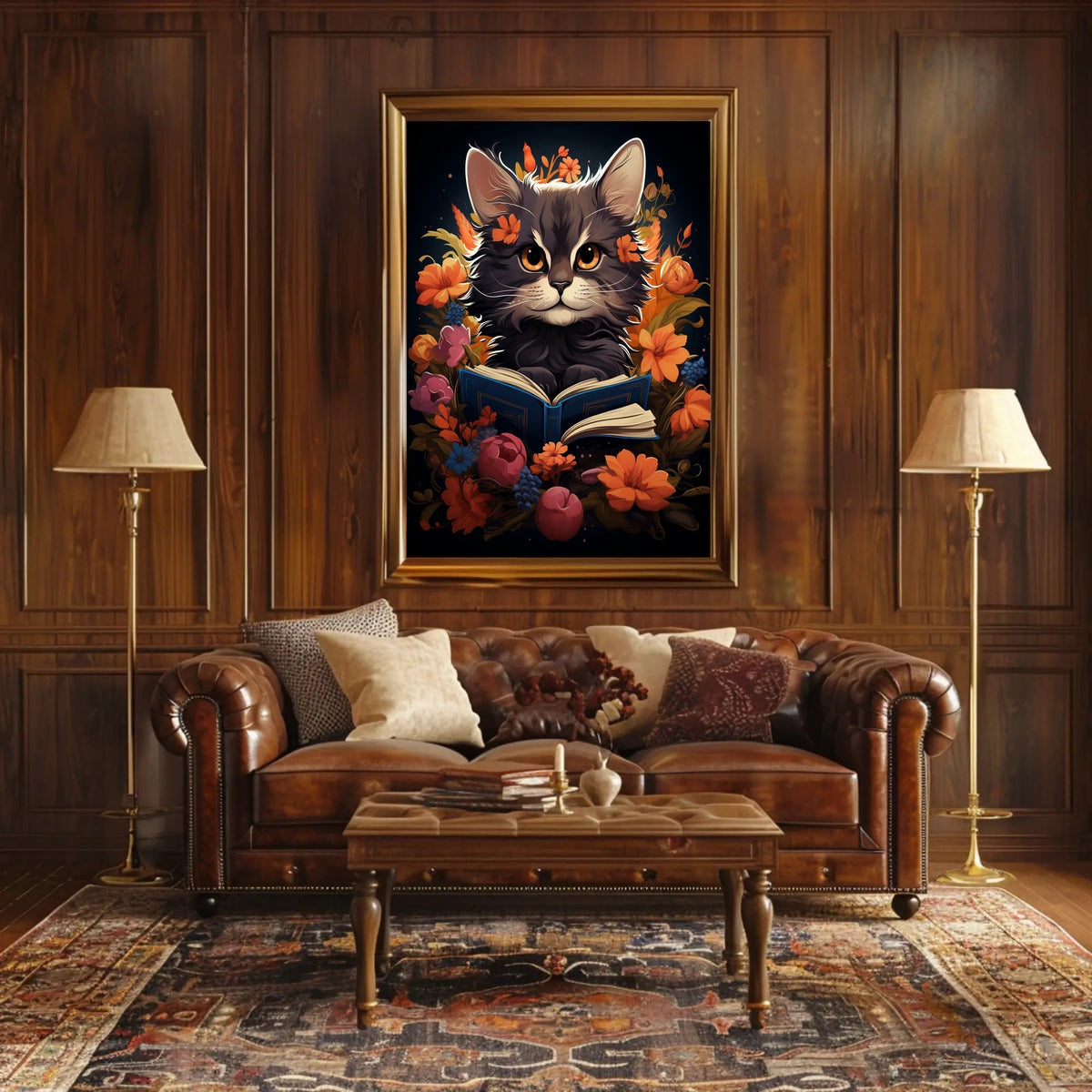 Whimsical Cat Portrait with Vibrant Floral Accents