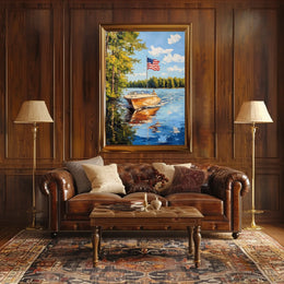 Boat On A Calm Lake With American Flag Scenic Poster