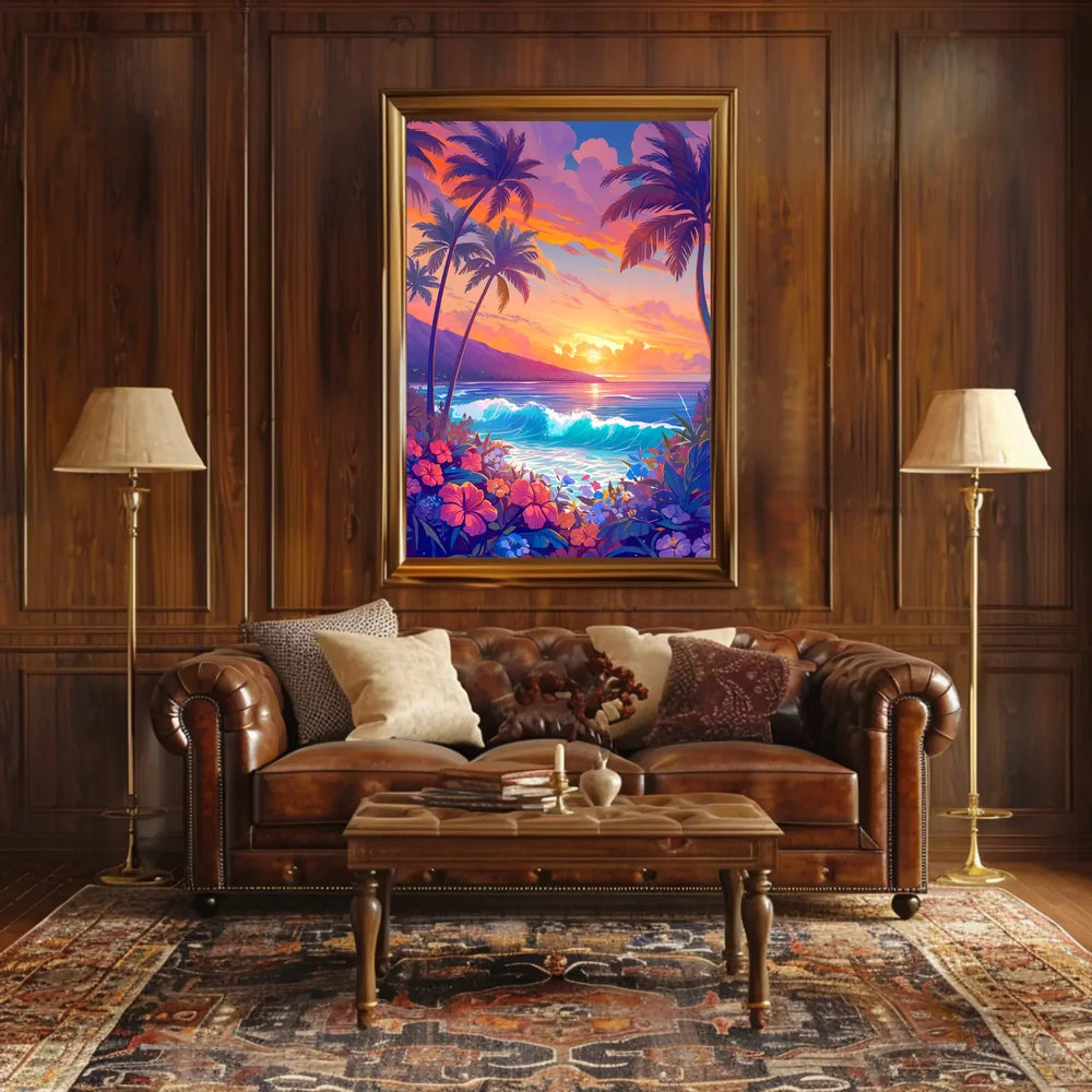 Tropical Sunset Beach Scene Illustrated Poster