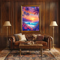 Tropical Sunset Beach Scene Illustrated Poster