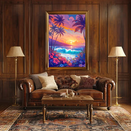 Tropical Sunset Beach Scene Illustrated Poster