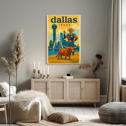 Dallas Cowboy Longhorn Skyline Bridge Sphere Vintage Travel Poster Wall Art
