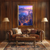 Futuristic Cityscape Poster: Neon Harbor at Dusk