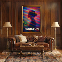 Vibrant Silhouette Houston Night City Neon Skyline Pop Art Digital Painting Urban Poster