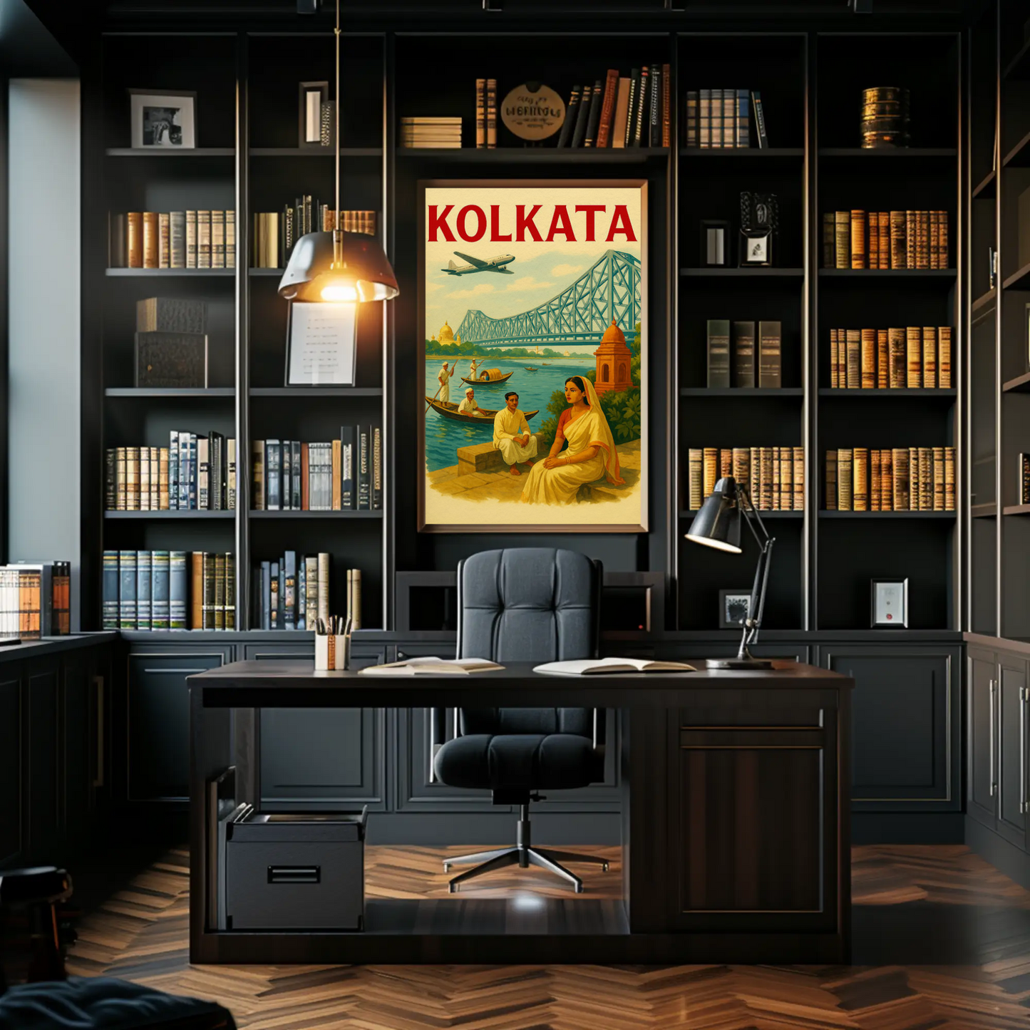 Kolkata India Bridge River Culture Scene Poster