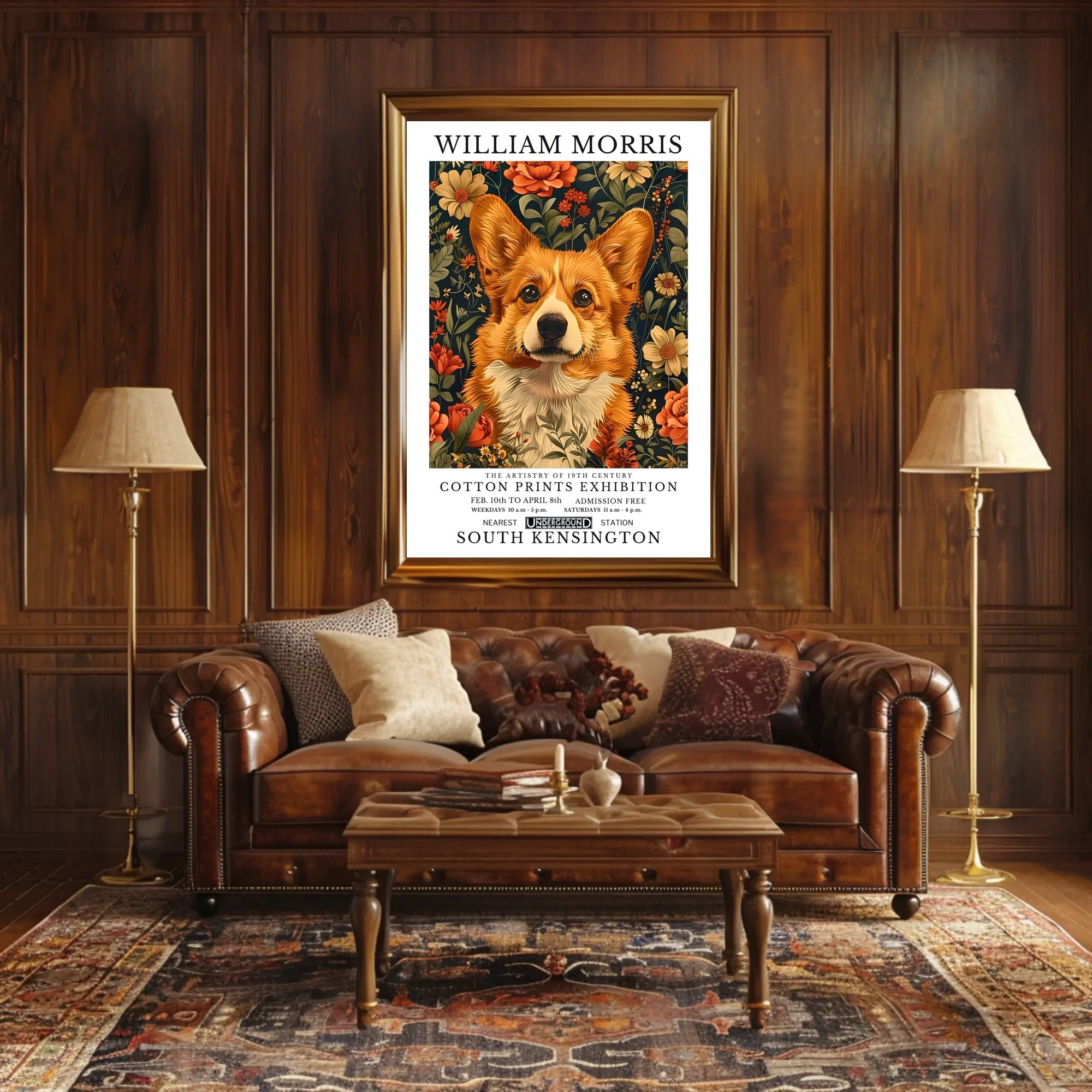 Corgi Art with Floral Elegance: Artistic Poster