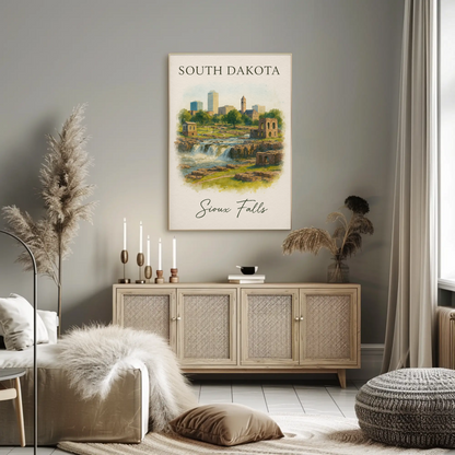 Sioux Falls South Dakota City Waterfall Vintage Travel Poster