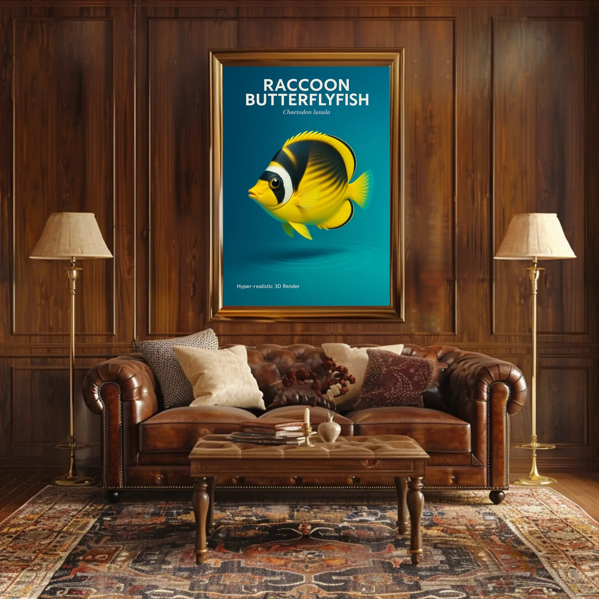 Raccoon Butterflyfish Hyper-realistic 3D Render Poster
