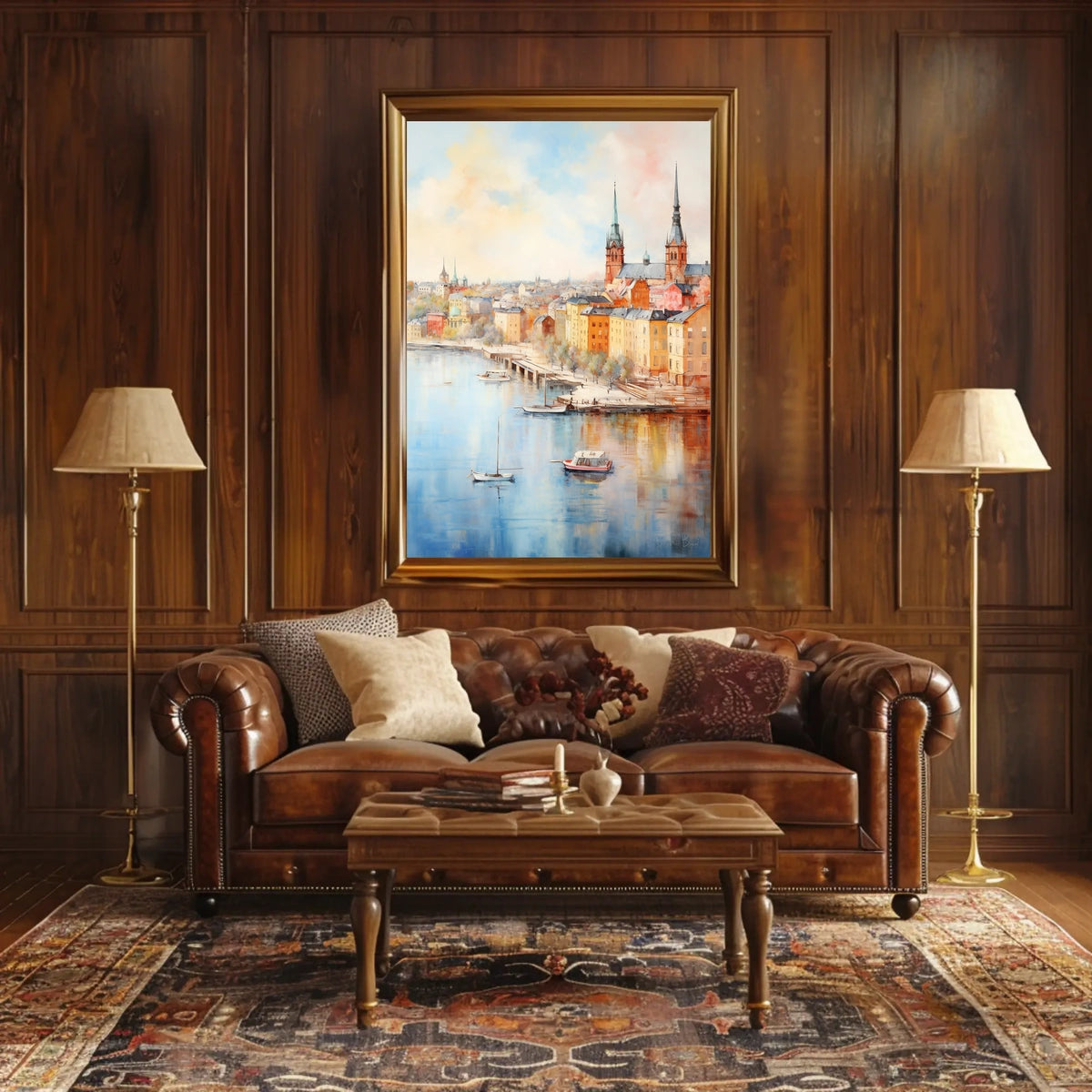 Picturesque European Cityscape on Waterfront Travel Poster
