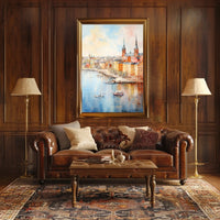 Picturesque European Cityscape on Waterfront Travel Poster