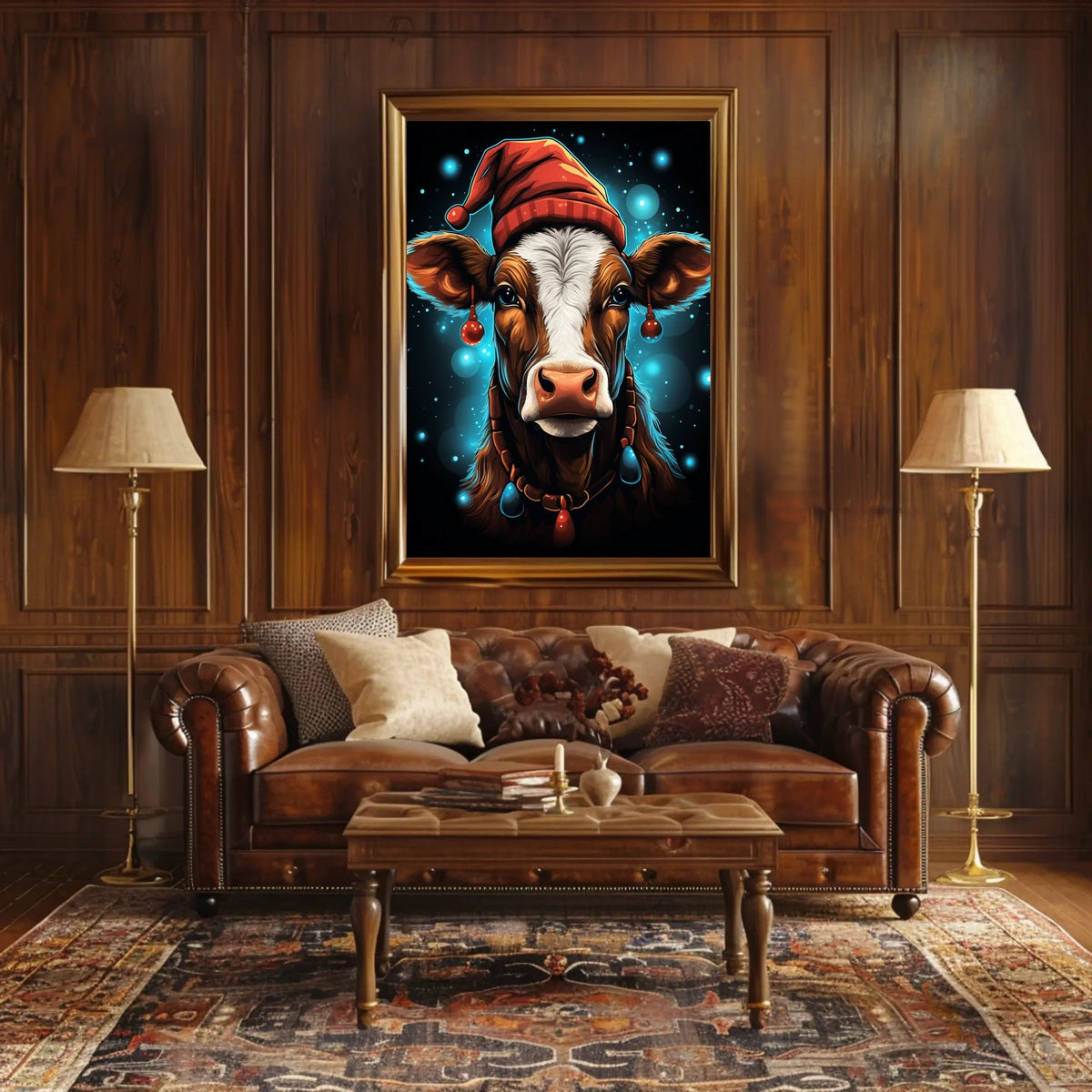 Festive Cow in Santa Hat Christmas Poster