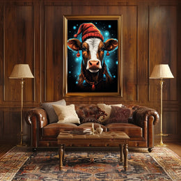 Festive Cow in Santa Hat Christmas Poster