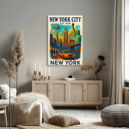 New York City Skyline Taxi Liberty Vintage Travel Poster