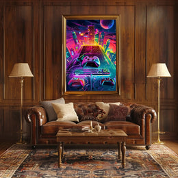 Neon Gaming Cityscape Poster
