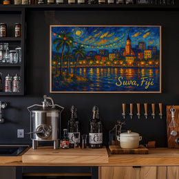 Suva Fiji Nighttime Island Cityscape Impressionism Digital Painting Wanderlust Decor Poster