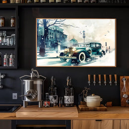 Vintage Winter Car Scene: Nostalgic Urban Elegance Poster