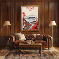 Stylized Traditional Ehime Japan Landscape Art Travel Poster