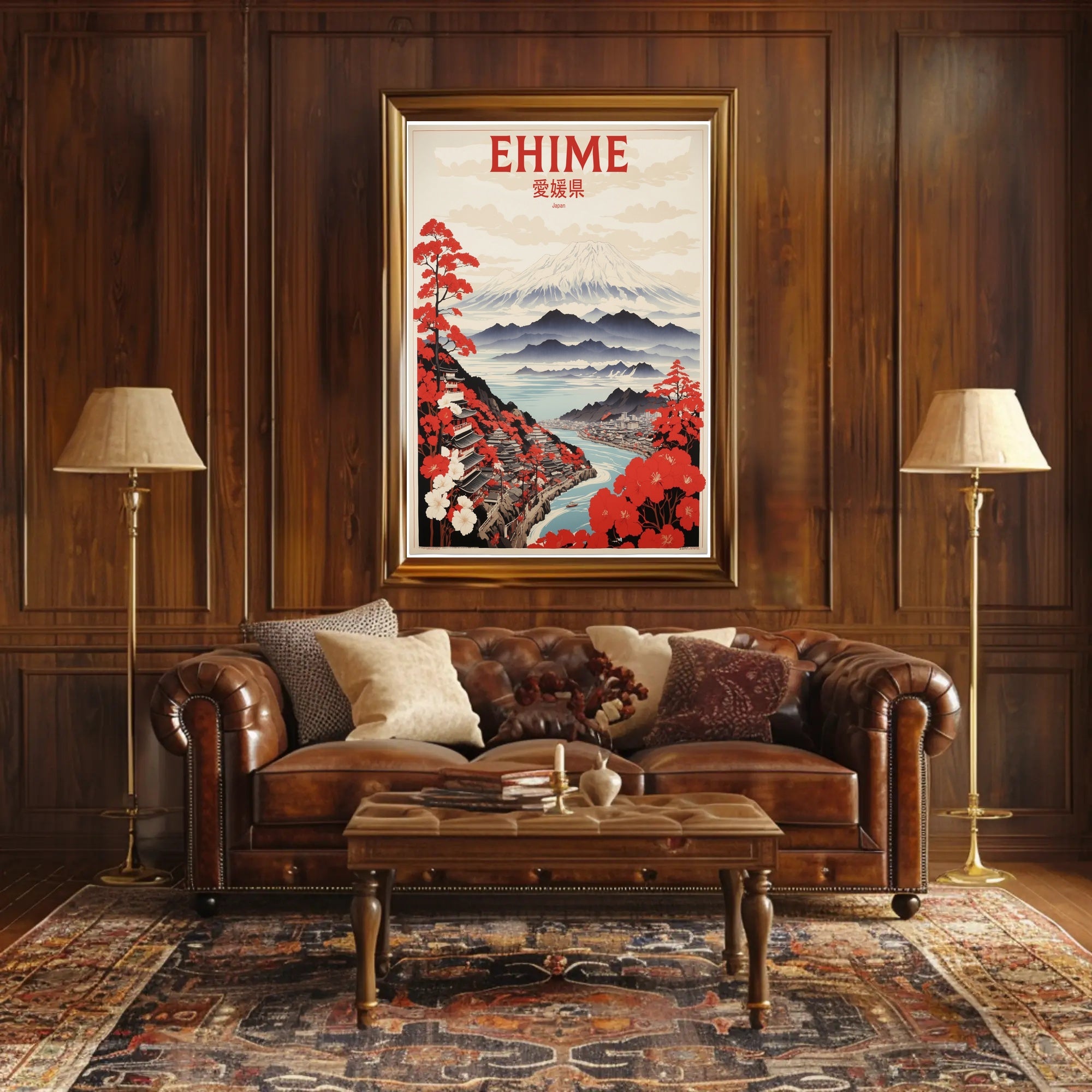Stylized Traditional Ehime Japan Landscape Art Travel Poster