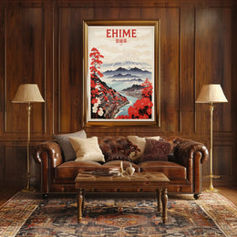 Stylized Traditional Ehime Japan Landscape Art Travel Poster