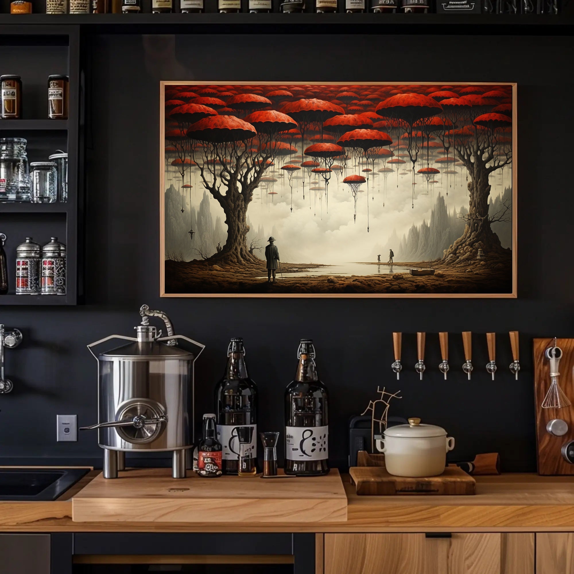Surreal Dreamscape with Red Trees: Fantasy or Mythology Poster