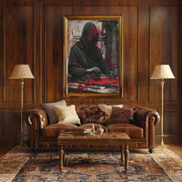 Mysterious Hooded Figure in Grayscale Artistic Poster PosterGoat