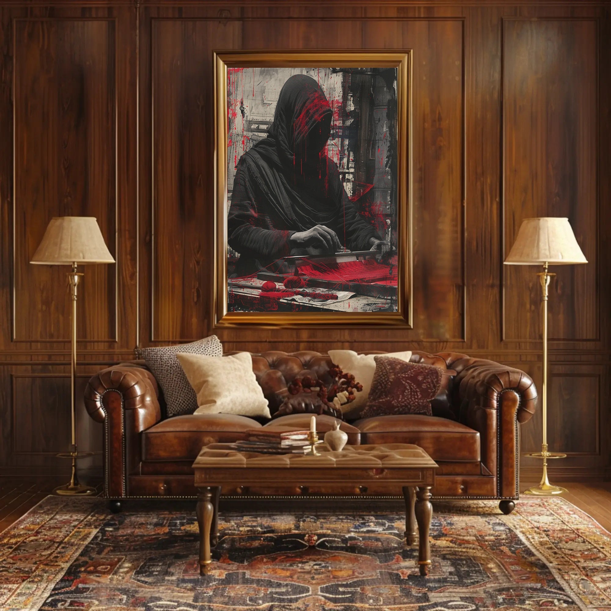 Mysterious Hooded Figure in Grayscale Artistic Poster PosterGoat